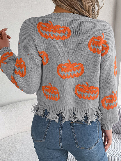 Autumn Winter Halloween Contrast Color Pumpkin Cut Rotten Long Sleeve Pullover Women Clothing - Iyanka