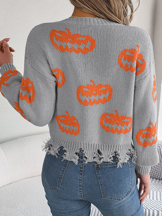 Autumn Winter Halloween Contrast Color Pumpkin Cut Rotten Long Sleeve Pullover Women Clothing - Iyanka