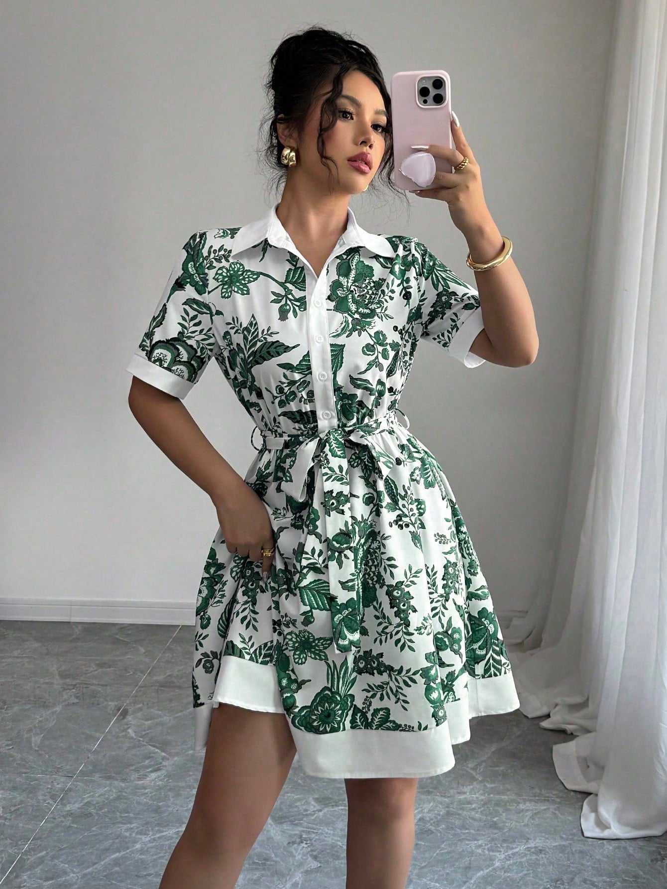 Women Clothing Summer Printing Lace up Waist Single Breasted Dress