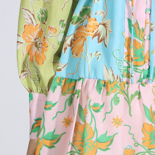 French Bohemian Vacation Short Autumn Collared Print Contrast Color Lace up Waist Controlled Dress Women