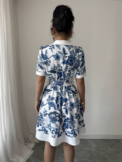 Women Clothing Summer Printing Lace up Waist Single Breasted Dress