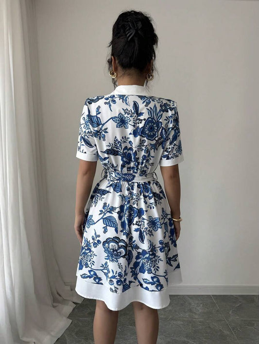 Women Clothing Summer Printing Lace up Waist Single Breasted Dress