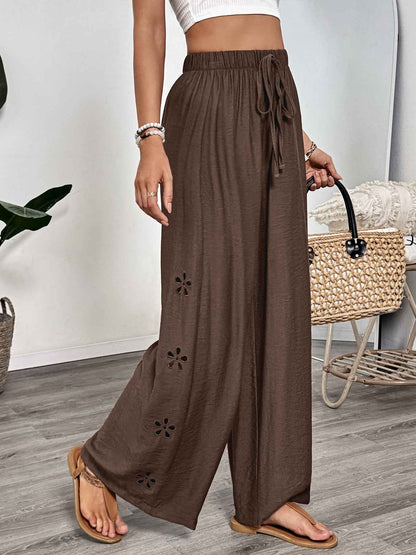 Casual Simple Lace up Embroidery Solid Color Loose Wide Leg Pants Thin Women