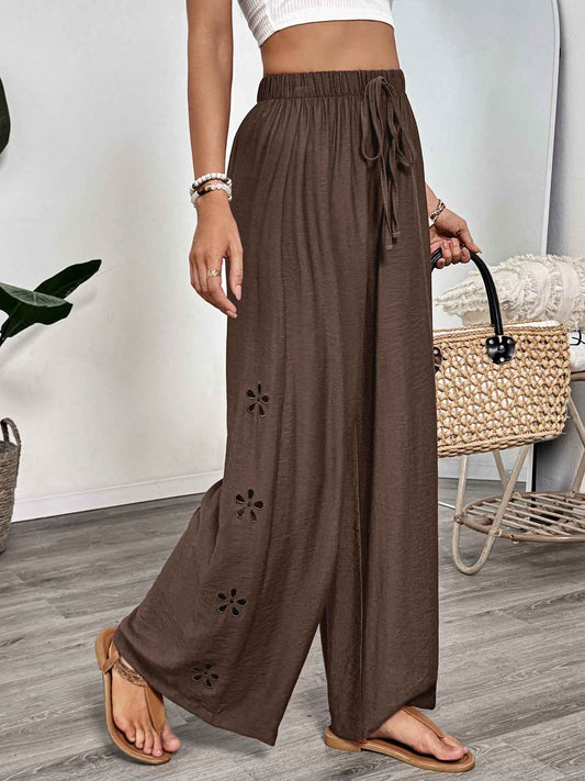 Casual Simple Lace up Embroidery Solid Color Loose Wide Leg Pants Thin Women
