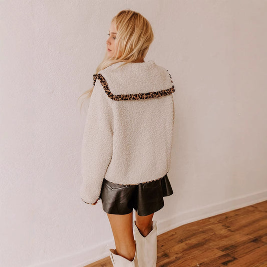 Autumn Winter Leopard Splicing Doll Collar Lace up Single Row Multi Buckle Design Lamb Plush Coat Women - Iyanka