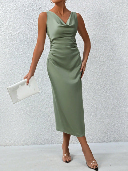Women Spring Summer Summer Satin Maxi Dress Pleated Sexy Satin Dress - Iyanka