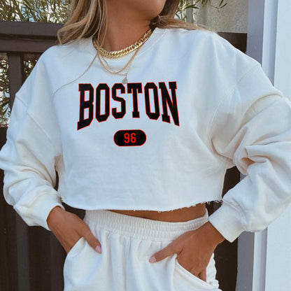 Women Clothing Autumn Winter Boston Letter Graphic Printing Cropped Long Sleeves Sweatshirt Women - Iyanka