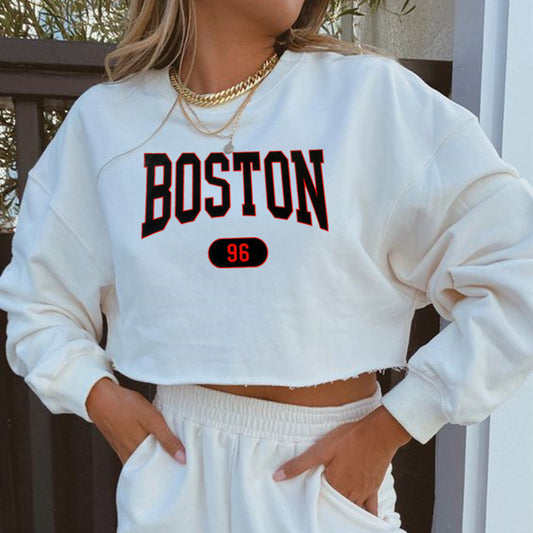 Women Clothing Autumn Winter Boston Letter Graphic Printing Cropped Long Sleeves Sweatshirt Women - Iyanka