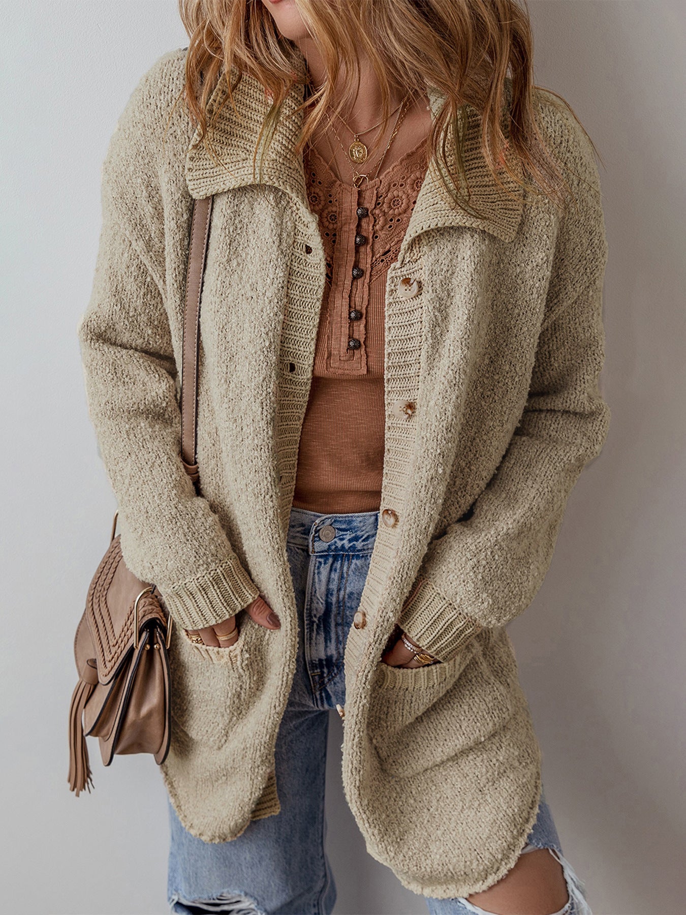 Fall Winter Lazy Wind Drop Shoulder Knitted Cardigan Women Casual Mid Length Cardigan Sweater Women - Iyanka
