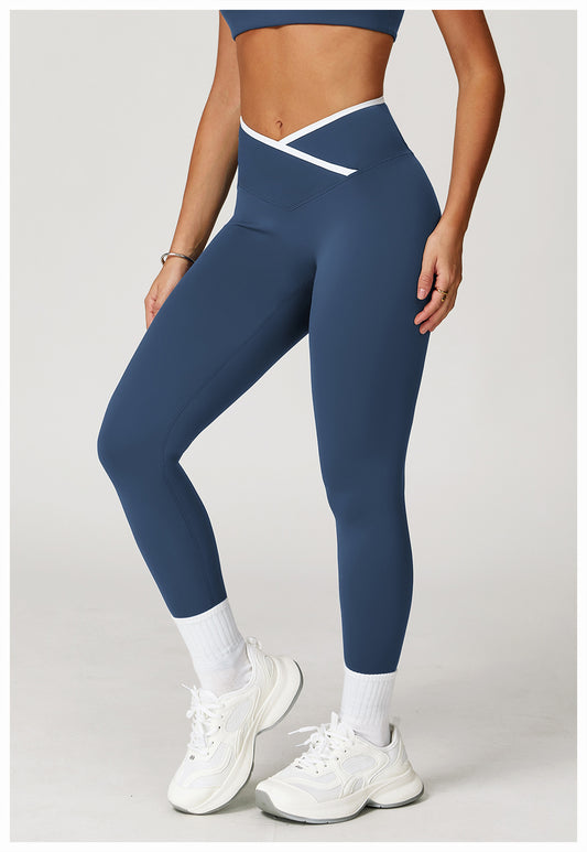 Nude Feel Skinny Yoga Pants Cross High Waist Contrast Color Tights Women Sports Running Fitness Pants - Iyanka