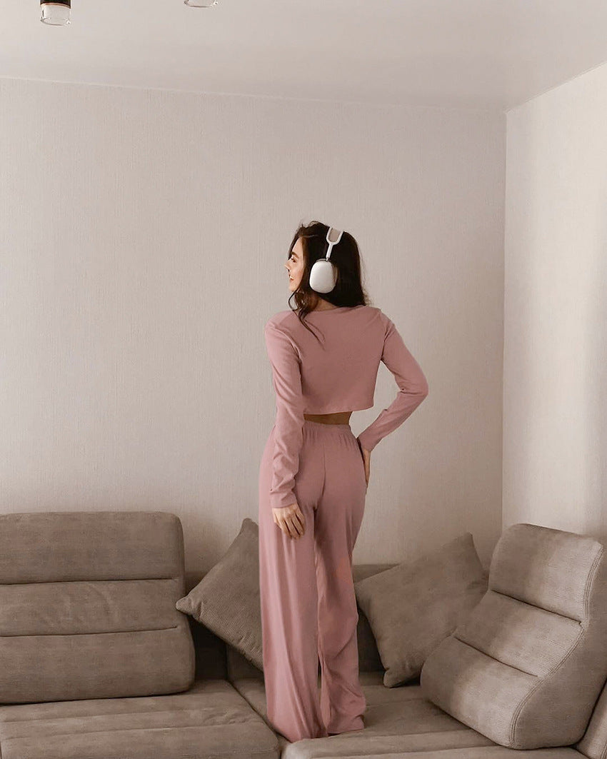 Autumn Winter Long Sleeve Lace up Trousers Two Piece Pajamas Knitted Sunken Stripe Ladies Homewear - Iyanka