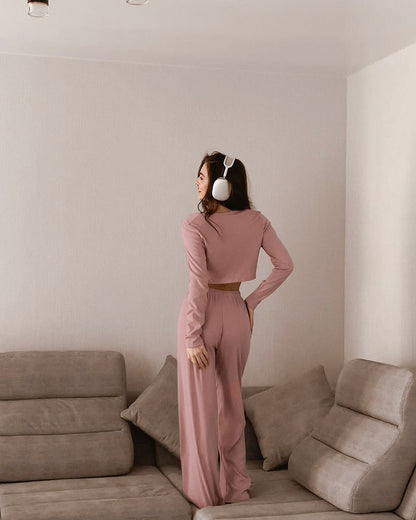 Autumn Winter Long Sleeve Lace up Trousers Two Piece Pajamas Knitted Sunken Stripe Ladies Homewear - Iyanka