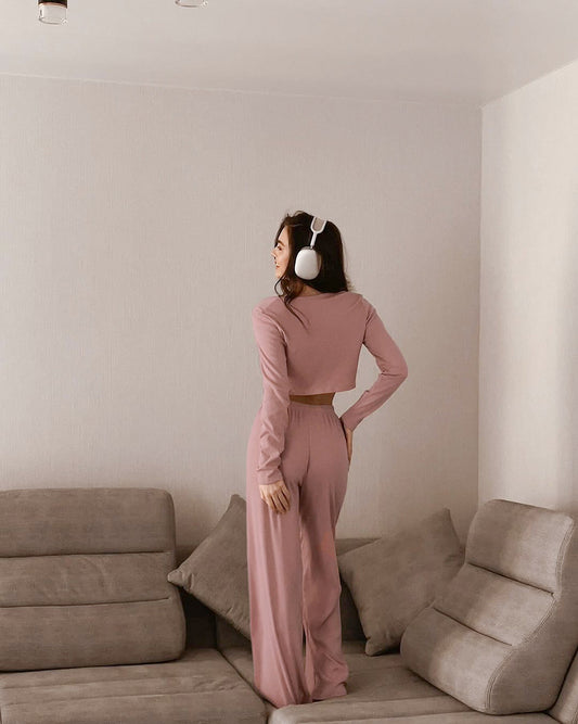 Autumn Winter Long Sleeve Lace up Trousers Two Piece Pajamas Knitted Sunken Stripe Ladies Homewear - Iyanka