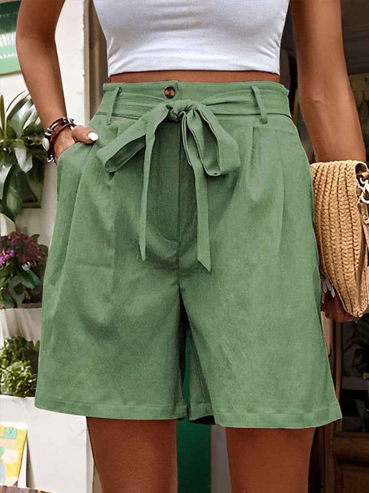 Women Clothes Casual Pants Women Tied Elastic Waist Solid Color Fifth Pants Office Wide Leg Shorts