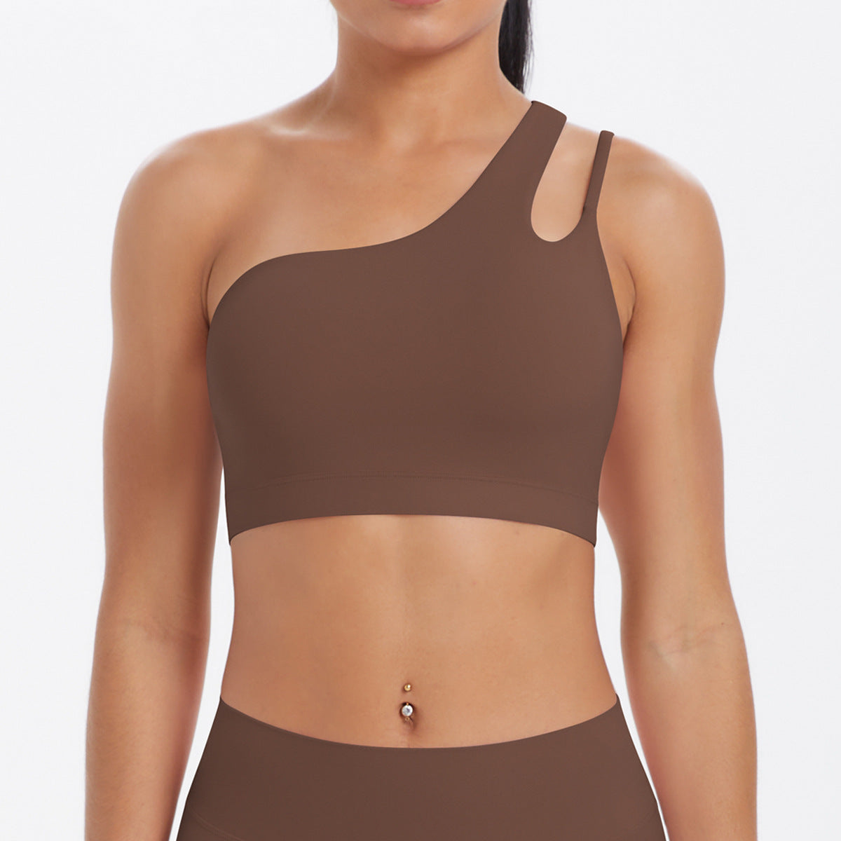 Solid Color One Shoulder Beauty Back Yoga Bra Nude Feel Push up Sports Bra Irregular Asymmetric Shoulder Strap Sports Vest for Women - Iyanka