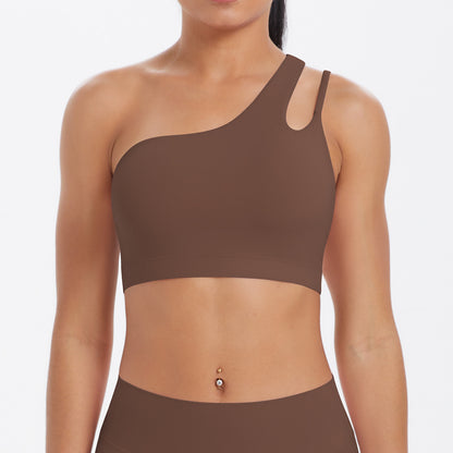 Solid Color One Shoulder Beauty Back Yoga Bra Nude Feel Push up Sports Bra Irregular Asymmetric Shoulder Strap Sports Vest for Women - Iyanka