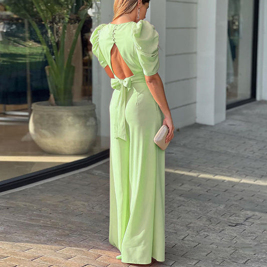Women Clothing Short Sleeve Elegant Wide Legs Jumpsuit - Iyanka