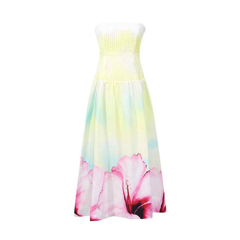Pleated Slim Summer French Floral Strapless Dress