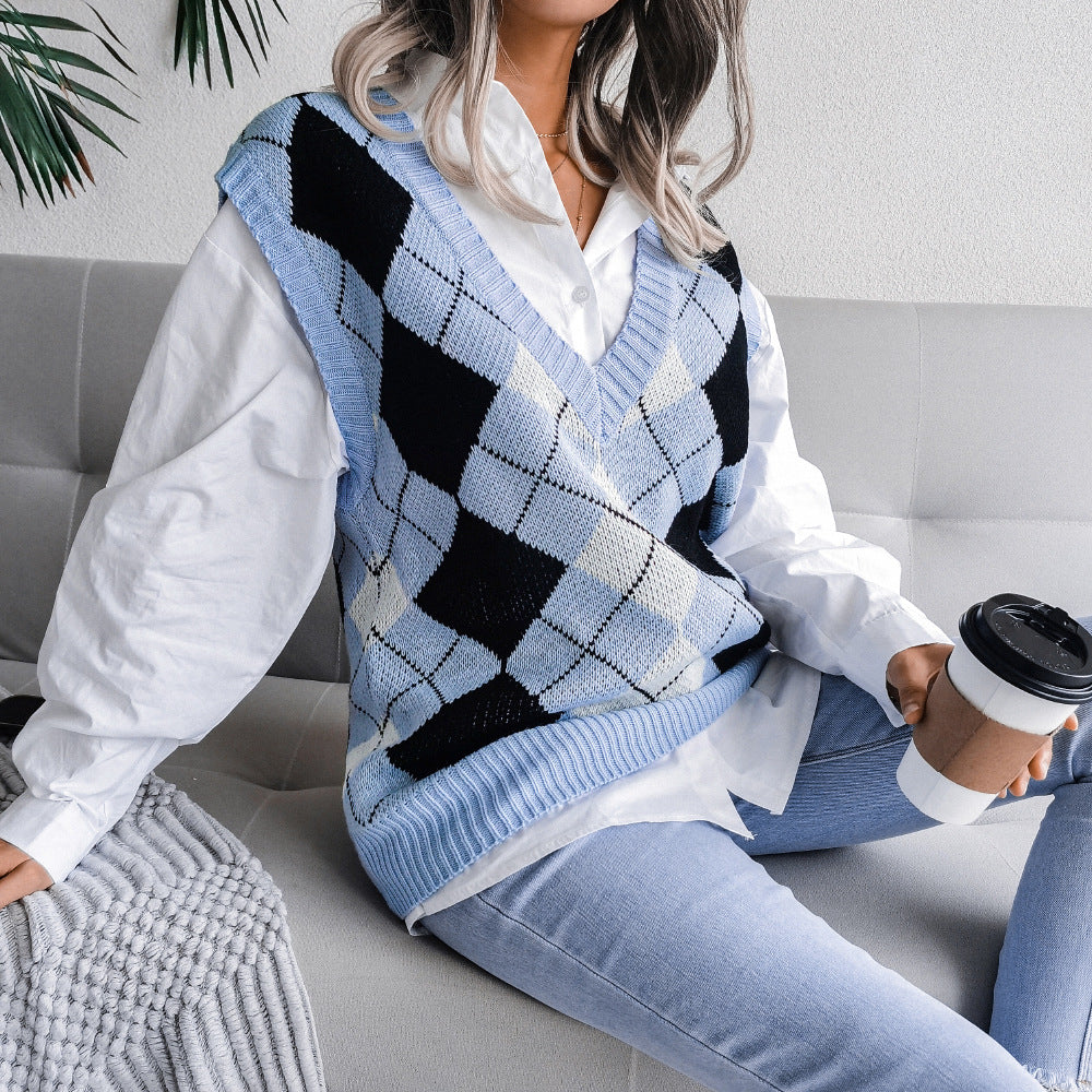 Autumn Winter College Rhombus V-neck Casual Loose Knit Vest Sweater Women Clothing - Iyanka