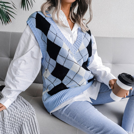 Autumn Winter College Rhombus V-neck Casual Loose Knit Vest Sweater Women Clothing - Iyanka