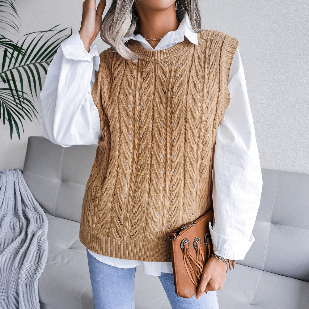 Autumn Winter round Neck Hollow Out Cutout Leaves Casual Knitted Vest Sweater Women Clothing - Iyanka