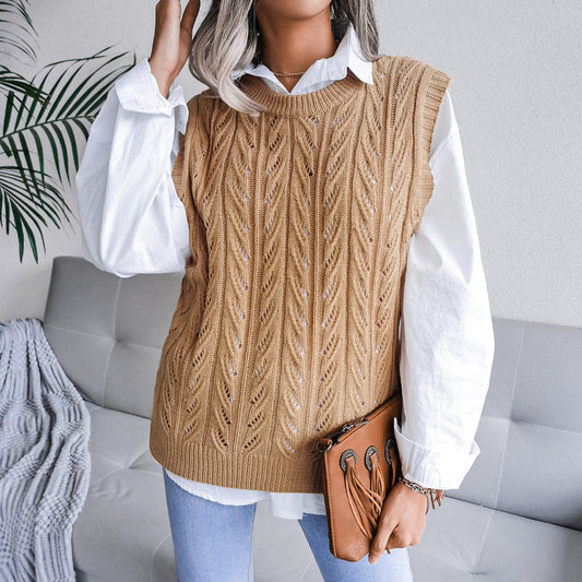 Autumn Winter round Neck Hollow Out Cutout Leaves Casual Knitted Vest Sweater Women Clothing - Iyanka