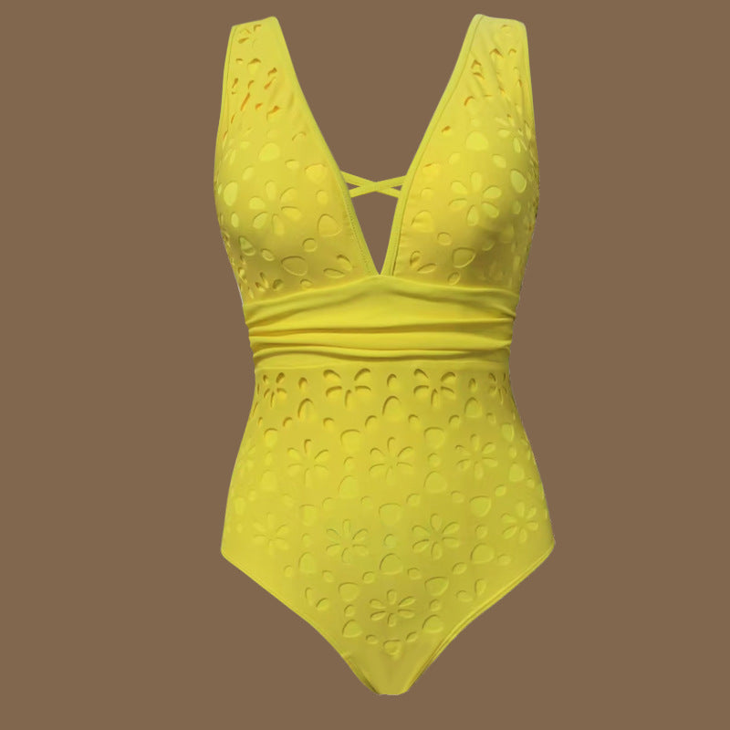 V neck Hollow Out Cutout High Sense One Piece Swimsuit Women Vacation Beach - Iyanka