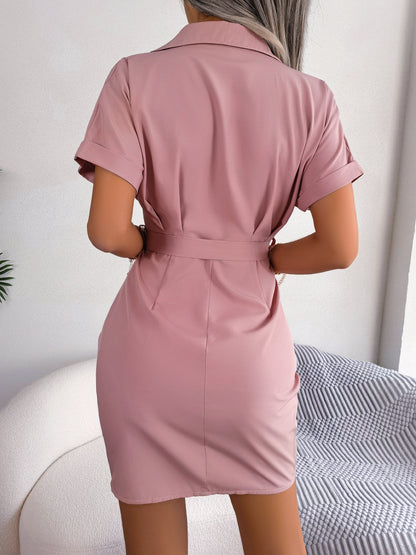 Summer Casual Solid Color Batwing Sleeve Waist Tight Folding Shirt Dress Women Clothing