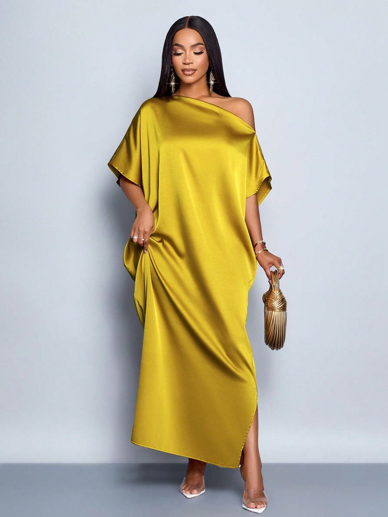 Women Clothing Early Autumn Satin Dress Yellow Satin Maxi Dress - Iyanka