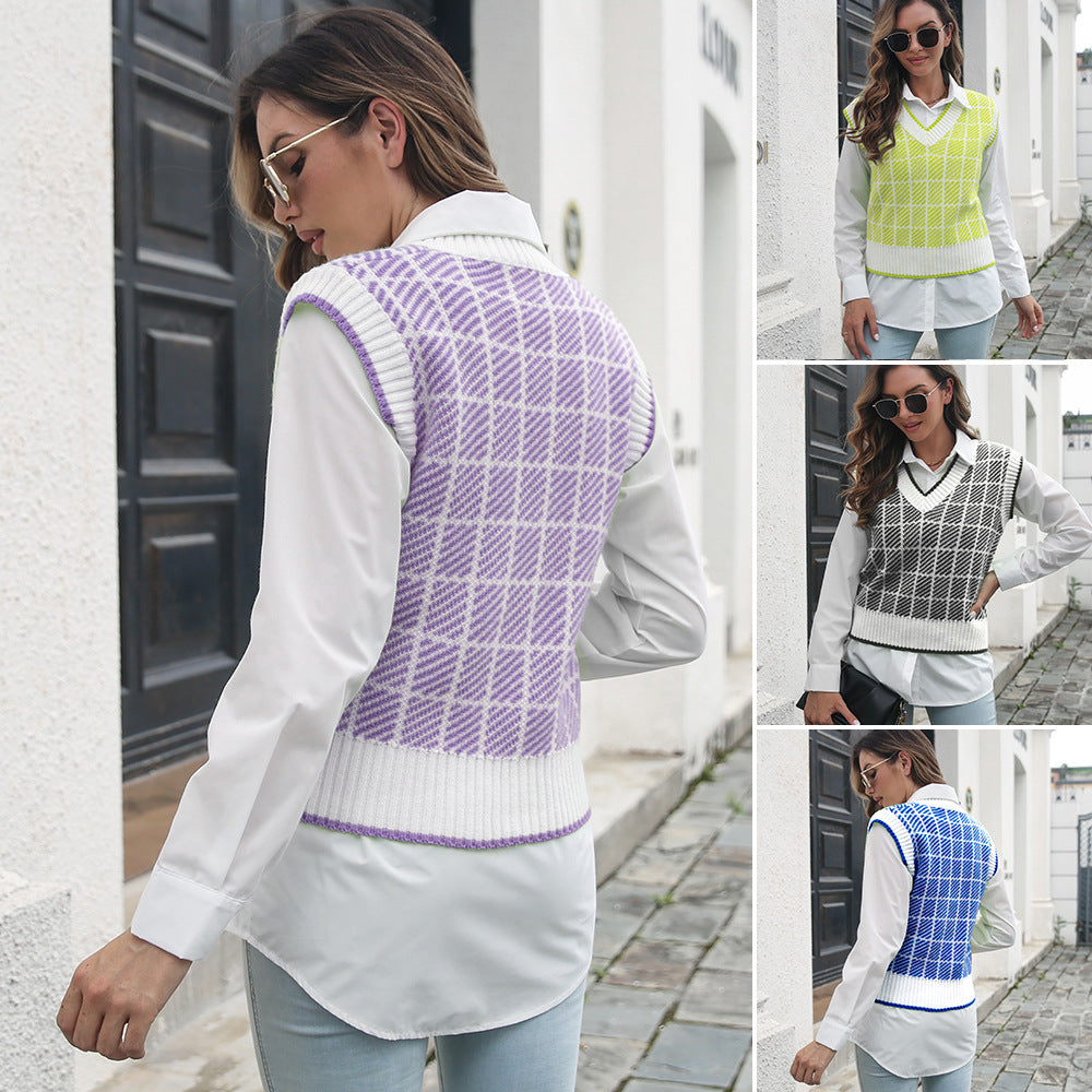Plaid Striped V-neck Vest Sweater Women Vest Outer Wear Inner Wear Autumn Winter Knitwear Sweater - Iyanka
