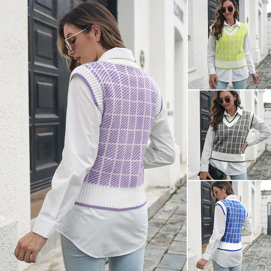 Plaid Striped V-neck Vest Sweater Women Vest Outer Wear Inner Wear Autumn Winter Knitwear Sweater - Iyanka