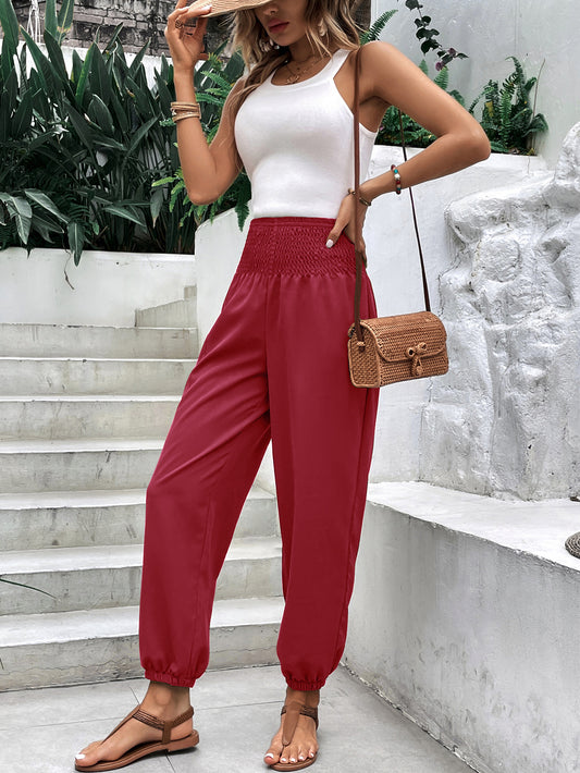 Women Clothing Elastic Waist High Waist Wide Leg Ankle Length Pants - Iyanka