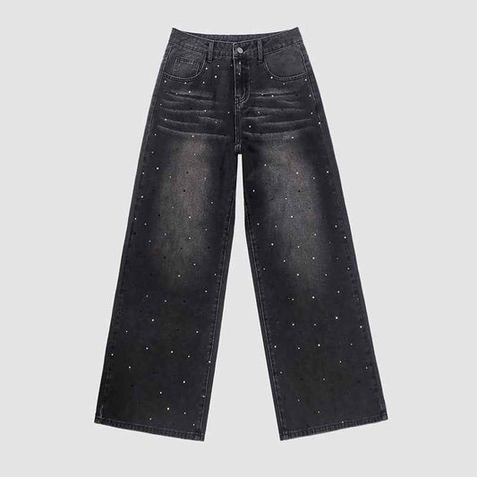 Starry Sky Loose Comfortable Women Casual All Matching Straight Pants Blingbling Popular Rhinestone Jeans