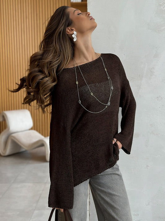 Simple Solid Color Long Sleeved Sweater Spring Knitted Hollow Out Cutout Top Casual Sweater - Iyanka