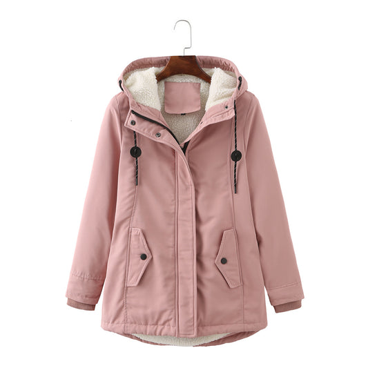 Ladies Hooded Lambswool Parka Winter Warm Waist Women Cotton-Padded Coat - Iyanka