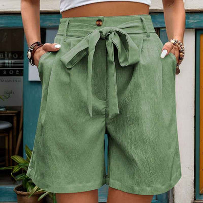 Women Clothes Casual Pants Women Tied Elastic Waist Solid Color Fifth Pants Office Wide Leg Shorts