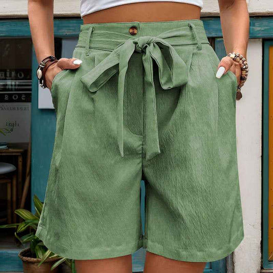 Women Clothes Casual Pants Women Tied Elastic Waist Solid Color Fifth Pants Office Wide Leg Shorts