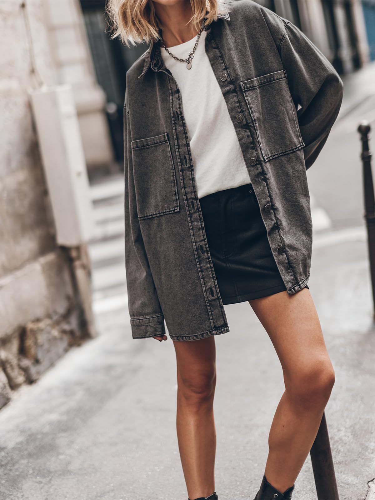 Retro Hong Kong Collared Denim Coat Women Blue Large Pocket Loose Casual Jacket - Iyanka