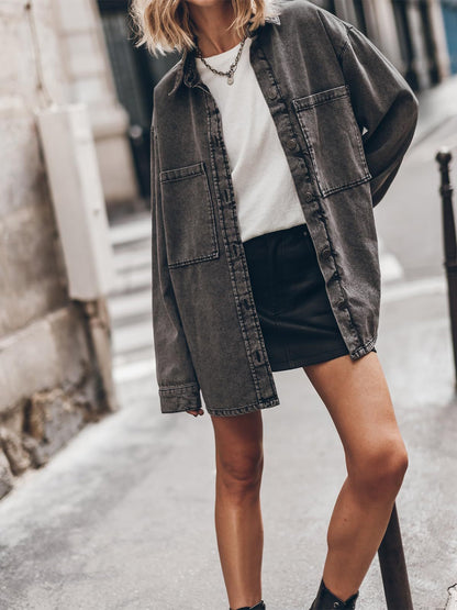 Retro Hong Kong Collared Denim Coat Women Blue Large Pocket Loose Casual Jacket - Iyanka