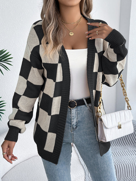Autumn Winter Contrast Color Plaid Lantern Sleeve Cardigan Sweater Mid Length Coat Women Clothing - Iyanka