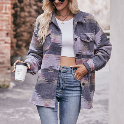 Women Autumn Winter Aztec Geometric Abstract Jacket Shirt Collared Woolen Coat - Iyanka
