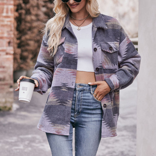 Women Autumn Winter Aztec Geometric Abstract Jacket Shirt Collared Woolen Coat - Iyanka