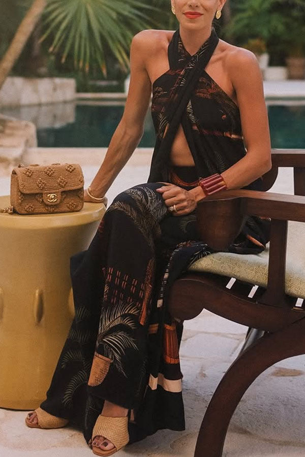 Summer Vintage Print Straight Wide Leg Pants Cross Halterneck Top Two Piece Sets - Iyanka