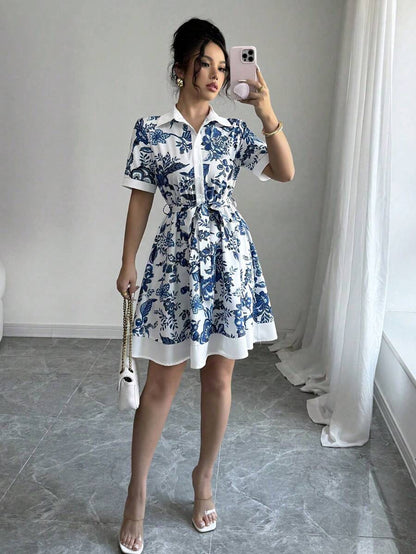 Women Clothing Summer Printing Lace up Waist Single Breasted Dress
