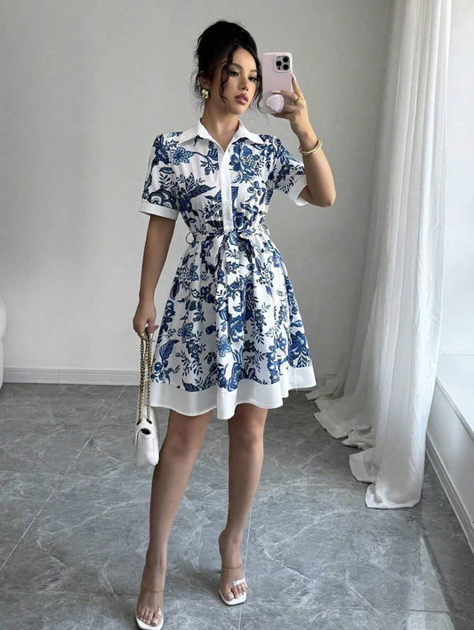 Women Clothing Summer Printing Lace up Waist Single Breasted Dress