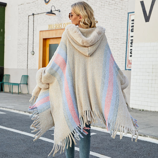 Hooded Cape for Women Autumn Winter Striped Knitted Tassel Shawl - Iyanka