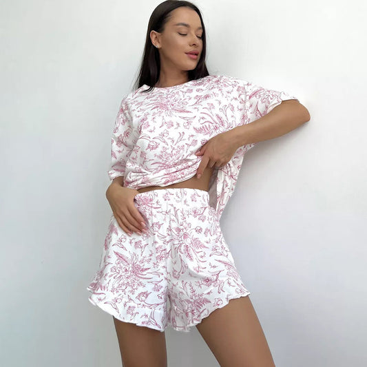 Autumn Casual Home Wear round Neck Short Sleeve Ruffled Shorts Two Piece Knitted Printed Pajamas for Women - Iyanka