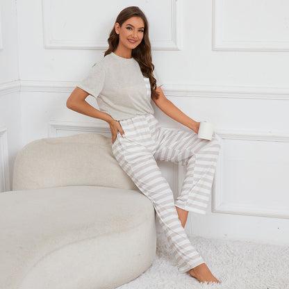 Real Shot round Neck Short Sleeve Top Striped Printed Lace Trousers Home Wear Pajamas Suit for Women - Iyanka