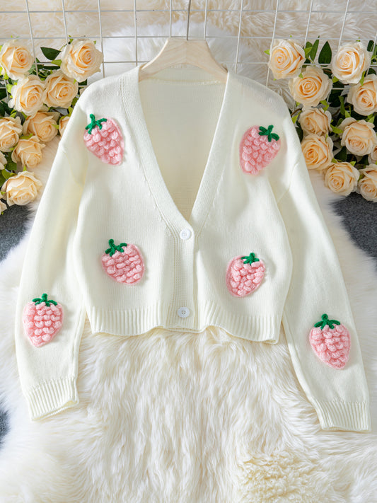 3D Strawberry Pattern Women Elegant Sweater Cardigan Autumn Winter Button Long Sleeve Sweater - Iyanka