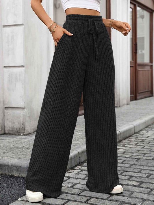 Autumn Winter Solid Color Drawstring Sunken Stripe Brushed Elastic Waist Casual Trousers